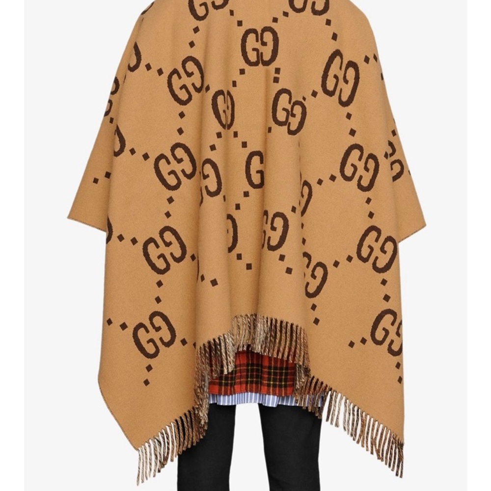Gucci Camel Brown Logo Fringe Plaid Wool Cape Poncho - Picture 2 of 9